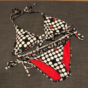 Black & white polka dot string bikini with ruffles
